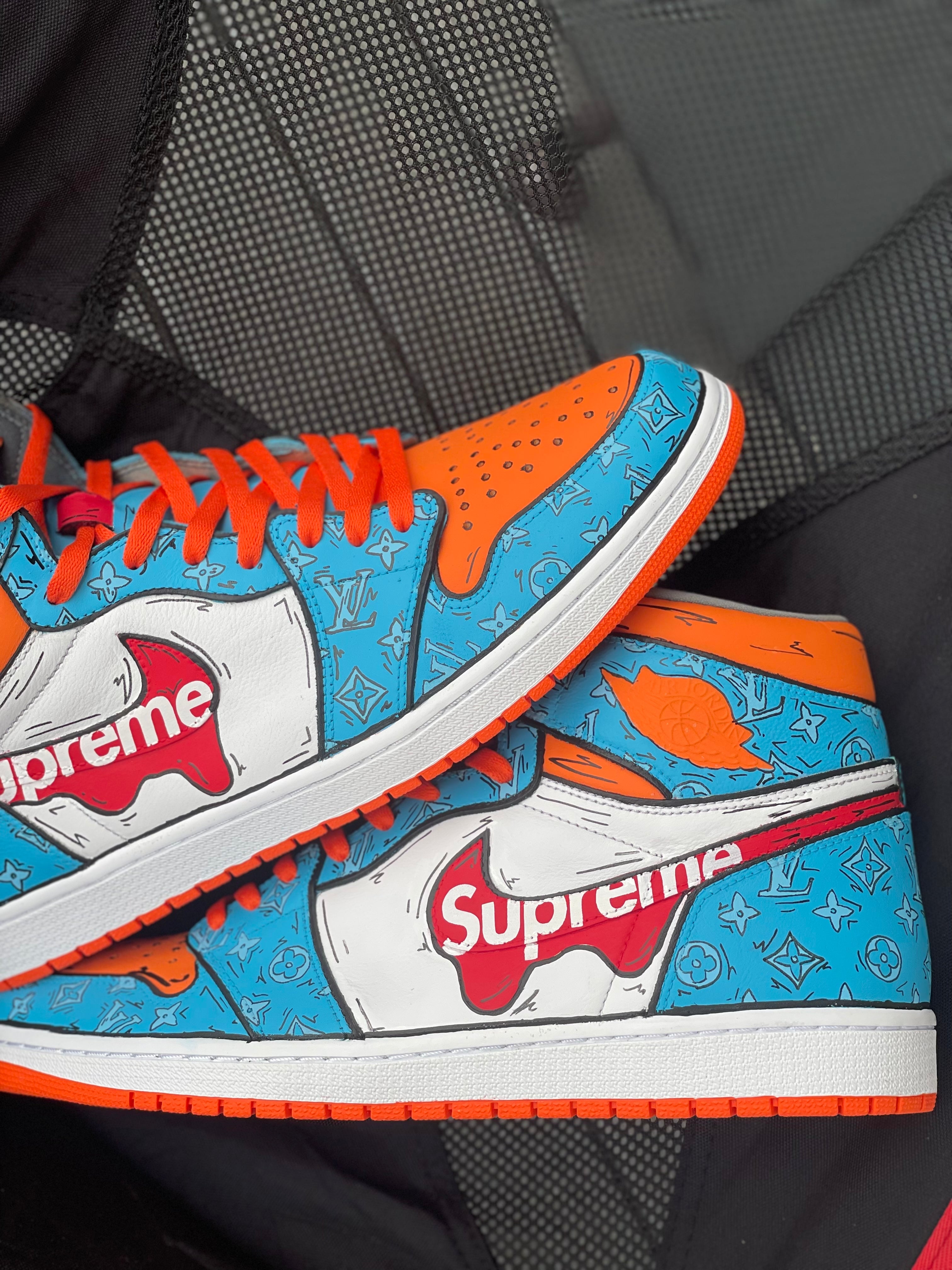 Cartoon blue and orange LV supreme inspired jordan 1s