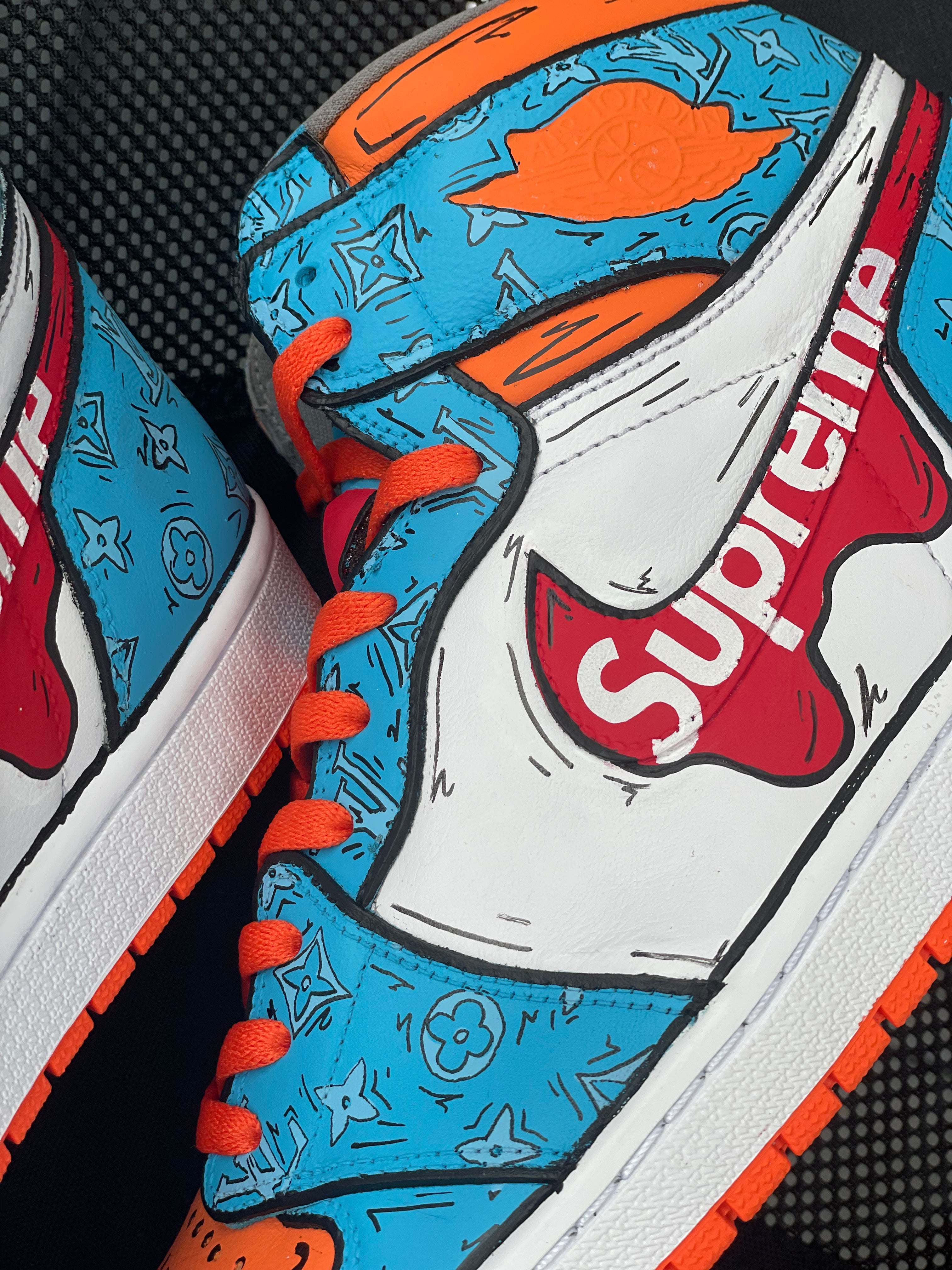 Cartoon blue and orange LV supreme inspired jordan 1s