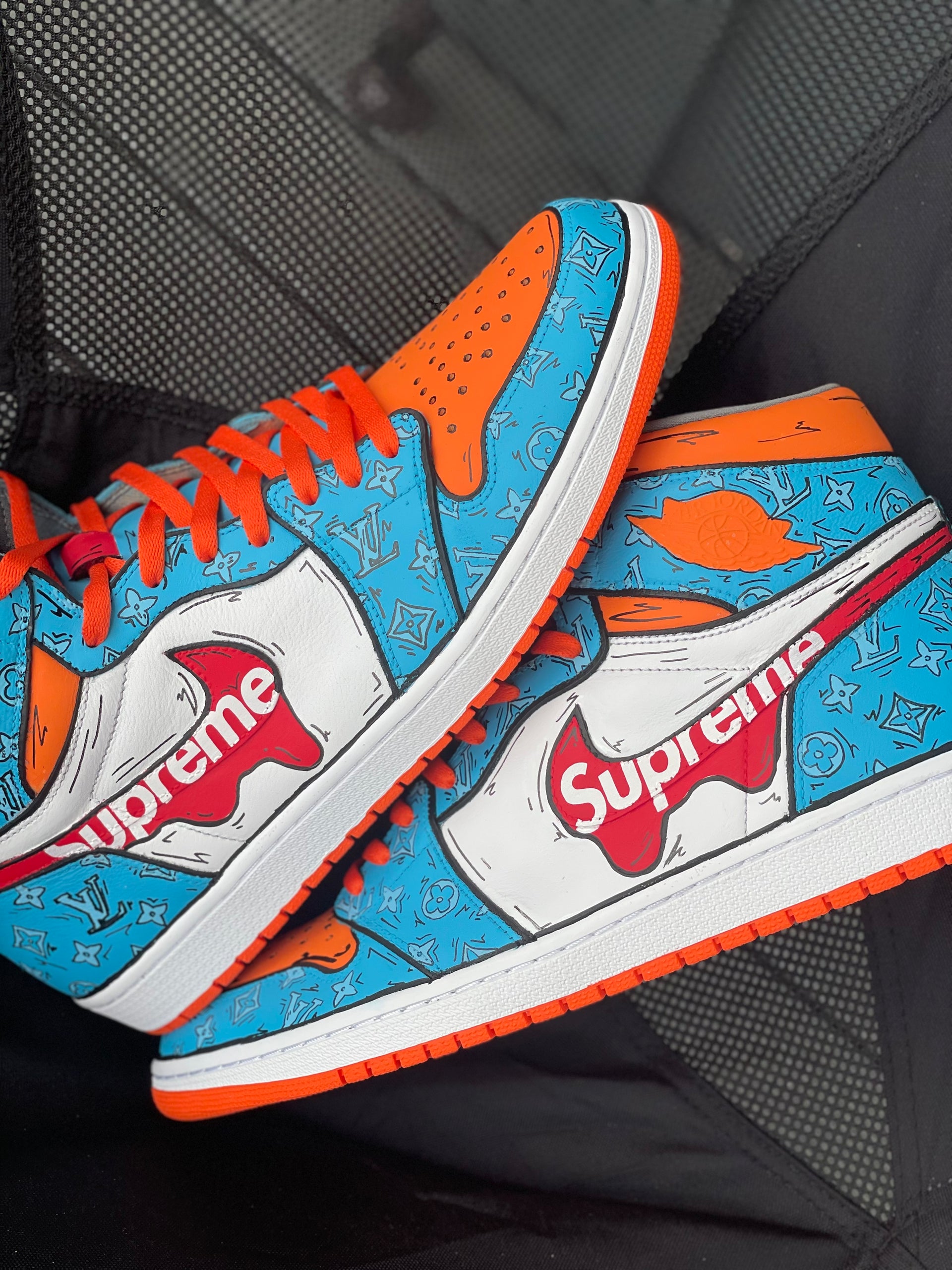 Cartoon blue and orange LV supreme inspired jordan 1s